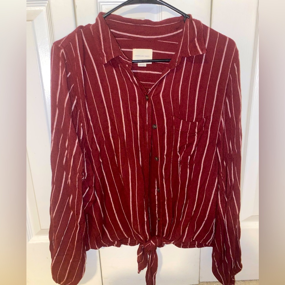 American Eagle Red Striped Button Down - image 1